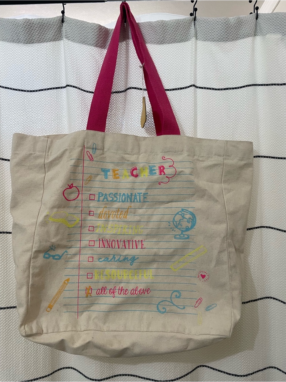 Canvas Teacher Tote Bag with Pink Handles